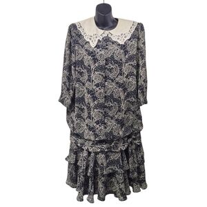 Vtg 80s Liz Roberts Layered Shimmer Side Bow Dress Wide Lace Collar Dress Sz M/L